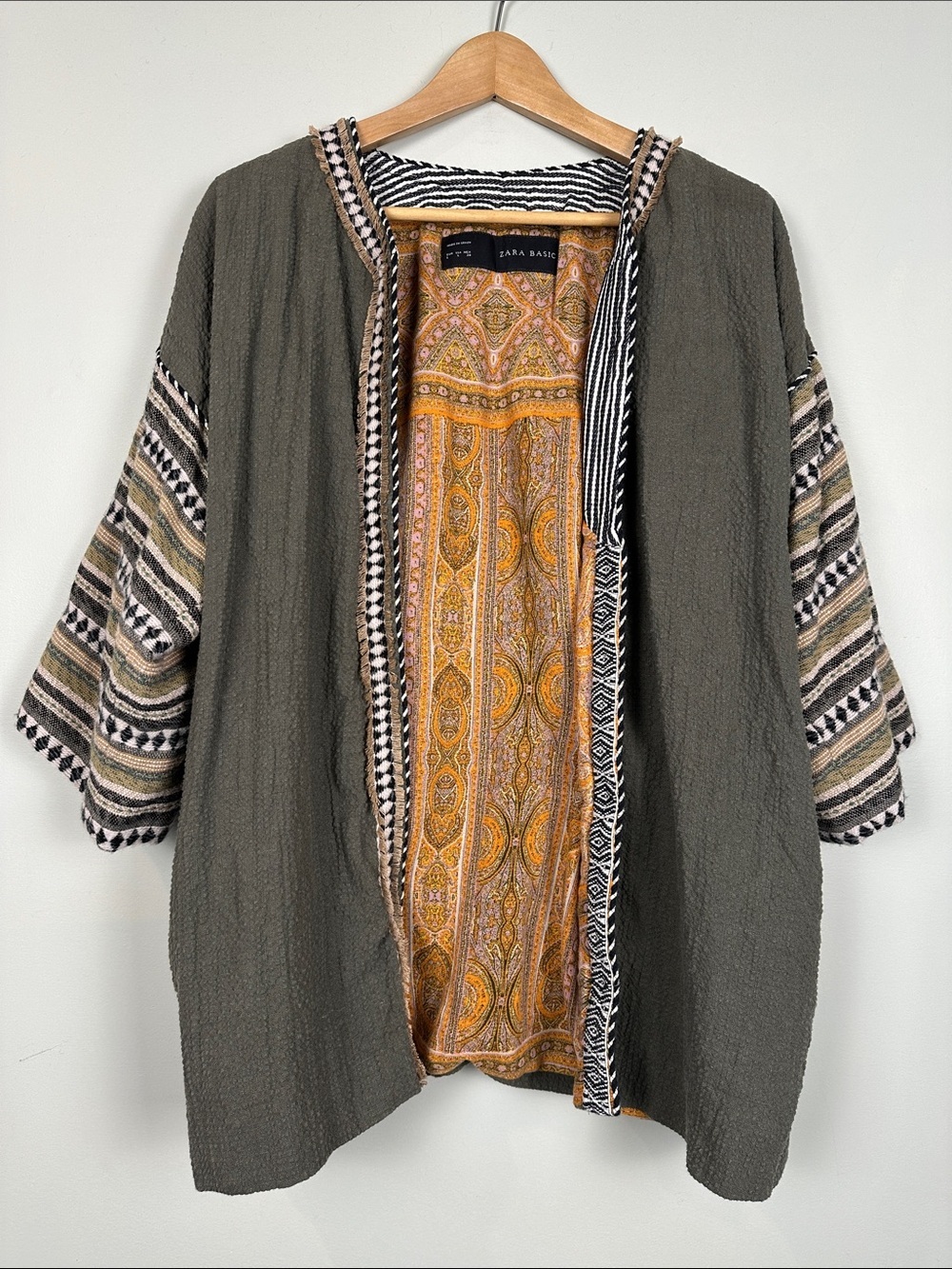 Zara Boho embroidered jacket open pockets hippie southwestern olive green